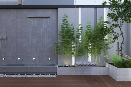 intetior du rez-de-chaussée avec un mur gris avec un élément d'eau et une terrasse en bois