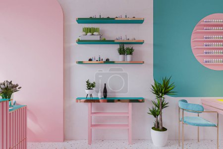ein Schönheitssalon mit rosa und grünen Wänden und Regalen an den Wänden mit Pflanzen und Schönheitsprodukten