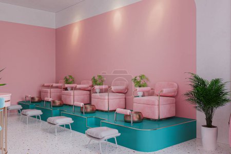 Eine rosa und blaue Pediküre-Station mit 4 Stühlen im Schönheitssalon