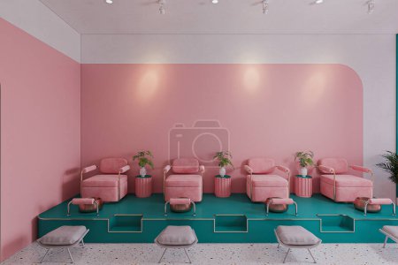 Ein rosa-grüner Salon mit Pediküre-Stühlen im Schönheitssalon