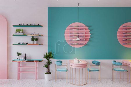 Blick auf einen Nagelstudio mit rosa und blauen Wänden und rosa Stühlen.