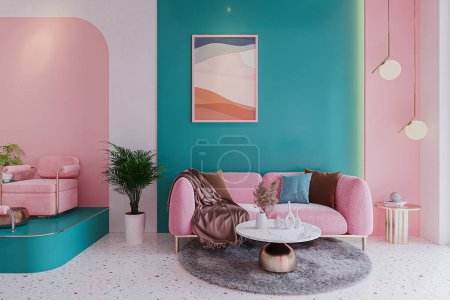 Die Wartezone des Salons innen mit rosa Sofa, blauen Wänden und Couchtisch