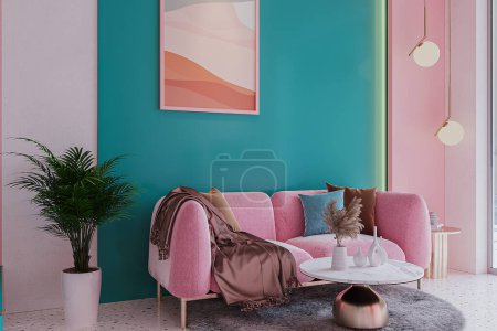 Blick auf eine rosa Couch im blauen Wartebereich für die Kunden.