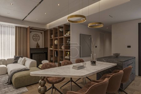 Téléchargez les photos : Intérieur moderne de l'espace ouvert avec canapé modulaire design, table à manger et comptoir de cuisine - en image libre de droit