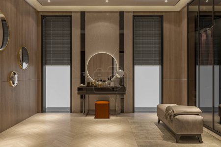 Interior of a Modern Dressing room with vanity and walk-in-clothes closet