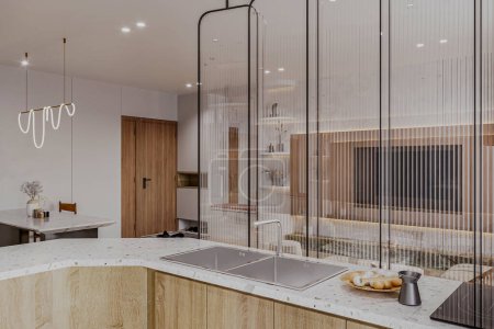Tonos naturales blanco y madera diseño interior de la cocina