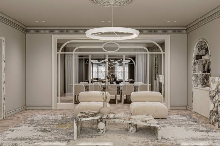 3d representación loft sala de estar de lujo con sofá elegante