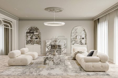 salon bohème au design fonctionnel et confortable avec un canapé modulaire et une table en marbre