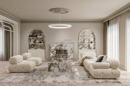 Salon classique luxueux avec des meubles modernes.