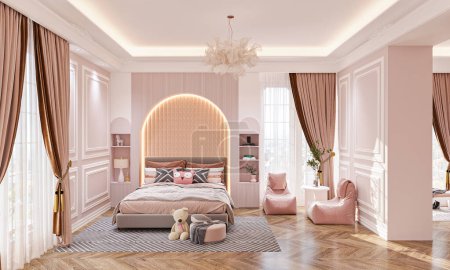 Gemütliches, stilvolles Schlafzimmer für einen Teenager, rosa und weißes Schema für den Innenraum bevorzugt