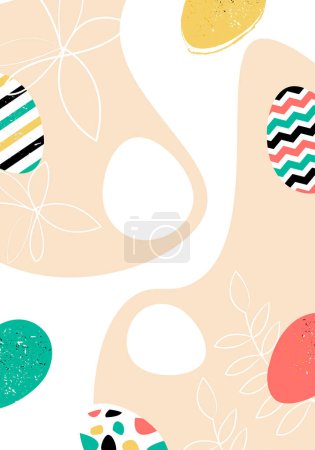 easter background, beige background with eggs scattered along the contour. Trendy Easter design with typography, hand painted strokes and dots and eggs in pastel colors. Modern minimal style.