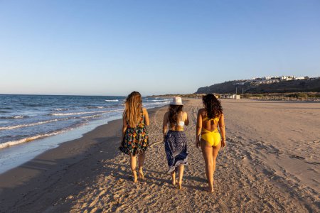 Three girls with their backs turned walking along the seashore o