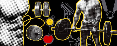 Photo for Collage, vector illustration grunge banner. A poster design concept for bodybuilding featuring body parts and gym elements set against a black background. - Royalty Free Image