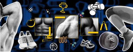 Photo for Collage, vector illustration grunge banner. A poster design concept for bodybuilding featuring body parts and gym elements set against a black background. - Royalty Free Image