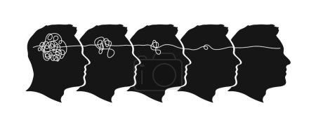 Téléchargez les photos : Le concept de psychothérapie est représenté par la silhouette d'une tête humaine, symbolisant un état d'esprit normal, et la solution pour démêler le nœud confus et enchevêtré du cerveau. - en image libre de droit