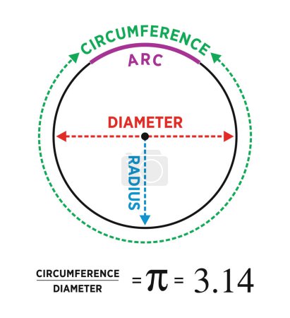 Illustration for Geometrical Circle. Diameter, Radius Educational draw. physics illustration vector. Pi number 3.14 ... and Diameter, Center, Radius of the Circle. Archimedes' constant for School education draw. Color - Royalty Free Image