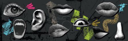 Illustration for Collage vector illustration grunge banner. dotted punk halftone collage elements like lips, eyes, ears, nose mouth doodle elements on retro poster. Stylish modern advertising design - Royalty Free Image
