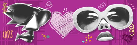 Téléchargez les photos : Une charmante illustration vectorielle cyberpunk d'un homme et d'une femme sur fond rose, avec un art vectoriel de coeur gribouillis. Parfait pour les affiches, les magazines et les miniatures YouTube captivantes. - en image libre de droit