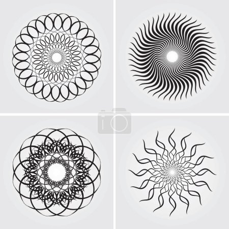 Téléchargez les photos : Lignes radiales en forme ronde géométrique. Logo Sun. Modèle de lignes de vitesse rétro. Tourbillon rond et mouvement courbe spirale symboles modernes - en image libre de droit