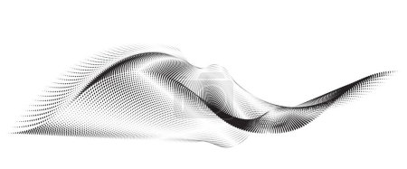 Ilustración de Ilustración vectorial abstracta, ondas de partículas dinámicas en un gradiente de medio tono, formando una curva de puntos que fluye sobre un fondo blanco, que incorpora tecnología, sonido, música y estética moderna. - Imagen libre de derechos