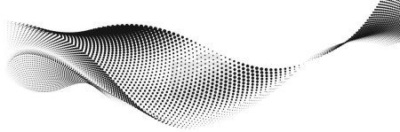 An abstract vector illustration, dynamic particle waves in a halftone gradient, forming a flowing dot curve against a white backdrop, embodying technology, sound, music, and modern aesthetics.