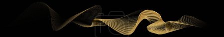 Ilustración de Una ilustración vectorial abstracta, un patrón de curva 3D de partículas de punto amarillo dorado que fluyen en un conjunto sobre un fondo negro para la tecnología, el sonido y la música de IA. - Imagen libre de derechos