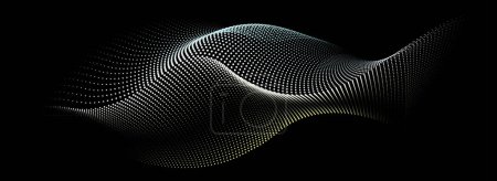 Ilustración de Una ilustración vectorial abstracta, Las ondas dinámicas de partículas en un gradiente de medio tono crean una curva de puntos que fluye sobre un fondo negro, que incorpora tecnología, sonido, música y estética contemporánea.. - Imagen libre de derechos