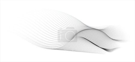 Ilustración de Una ilustración vectorial abstracta de partículas de punto negro aleatorias con formas onduladas de curva de flujo aisladas sobre un fondo blanco para la tecnología, la ciencia, la música y lo moderno. - Imagen libre de derechos