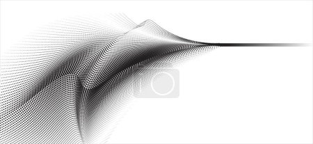 Ilustración de Una ilustración vectorial abstracta, Las ondas dinámicas de partículas en un gradiente de medio tono crean una curva de puntos fluida en un lienzo blanco, que incorpora tecnología, sonido, música y estética contemporánea.. - Imagen libre de derechos
