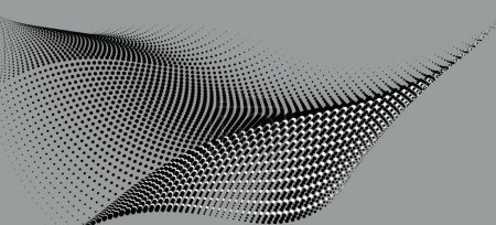 Ilustración de Una ilustración vectorial abstracta, una curva 3D formada por partículas de puntos que fluyen sobre un fondo gris acero, diseñada para evocar un ambiente temático de la tecnología. - Imagen libre de derechos