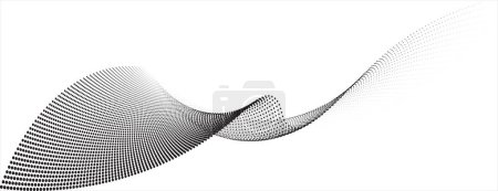Téléchargez les photos : Illustration vectorielle abstraite, ondes de particules dynamiques dans un dégradé de demi-tons, formant une courbe de points fluides sur fond blanc, incarnant la technologie, le son, la musique et l'esthétique moderne - en image libre de droit