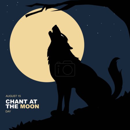 Feiern Sie Gesang am Mondtag am 15. August mit Silhouette eines Wolfes, der bei Vollmond mit Sternen über einen Hügel heult, und Bäumen in der Nacht Vektorillustration. 