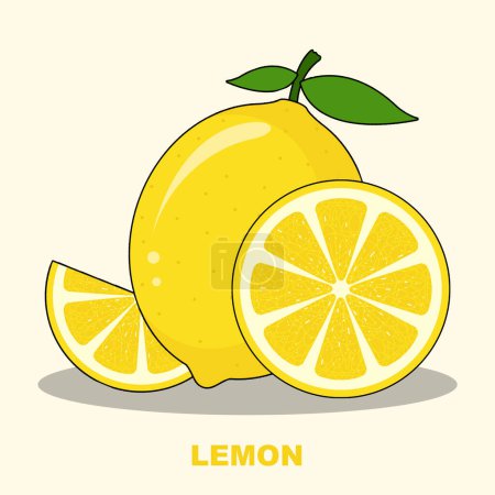 Vector illustration sour yellow lemons are cut into slices isolated on a soft yellow color background. Summer fruits for healthy lifestyle High vitamin c. Cartoon style fruit for any design.