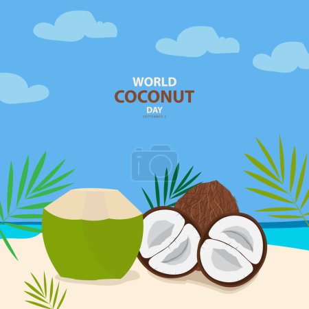 Ilustración de Día Mundial del Coco el 2 de septiembre, con ilustración vectorial un coco joven, un coco viejo en la playa y texto aislado en el fondo de la playa abstracto para conmemorar y celebrar el Día Mundial del Coco - Imagen libre de derechos