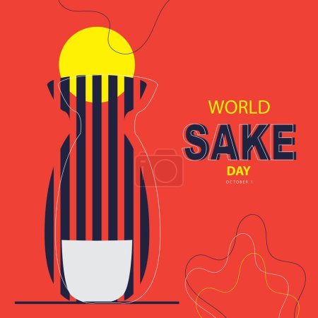 World Sake Day on october 1, with vector illustration bottle style line art shapes, sun, glass and text isolated on abstract background for celebrate World Sake Day.