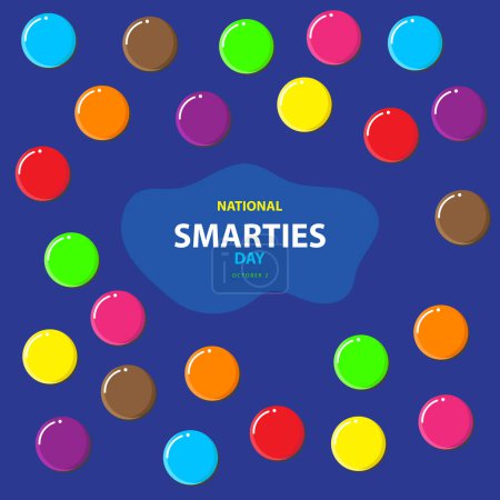 National Smarties Day am 2. Oktober, mit einigen Smarties Bonbons Samen verstreut um Vektorillustration und Text isoliert auf blauem Hintergrund zum Gedenken und Feiern des National Smarties Day.