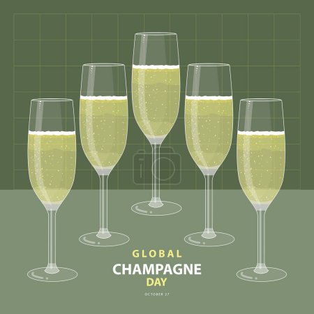Téléchargez les illustrations : Journée mondiale du champagne le 27 octobre, Avec cinq verres de vin mousseux comme illustration vectorielle de champagne et texte isolé sur fond abstrait pour commémorer et célébrer la Journée mondiale du champagne. - en licence libre de droit