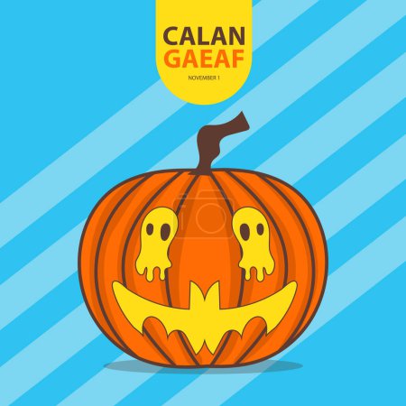 Illustration for Calan Gaeaf on november 1, With concept a pumpkin has a ghost silhouette in its eyes and a bat silhouette in its mouth vector illustration and text isolated on abstract background for celebrate that. - Royalty Free Image