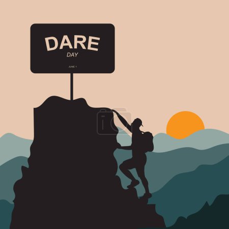 Dare Day on june 1, with vector illustration of a silhouette of a person climbing to reach the top of a mountain which signifies a dare as commemorating and celebrating Dare day.
