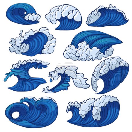 Téléchargez les photos : Ensemble de vagues de mer de couleur. Graphic Hand Drawn Ocean Waves Set pour T-Shirt Cards Surface Design Scrapbooking Poster. Illustration vectorielle - en image libre de droit