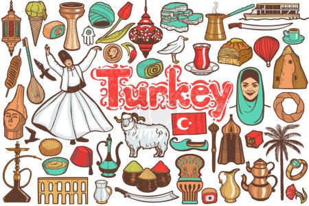 Ilustración de Símbolos turcos. Turquía Set in Hand-Drawn Style for Banners Fliers Posters Anuncios Diseño de superficies. Ilustración vectorial - Imagen libre de derechos