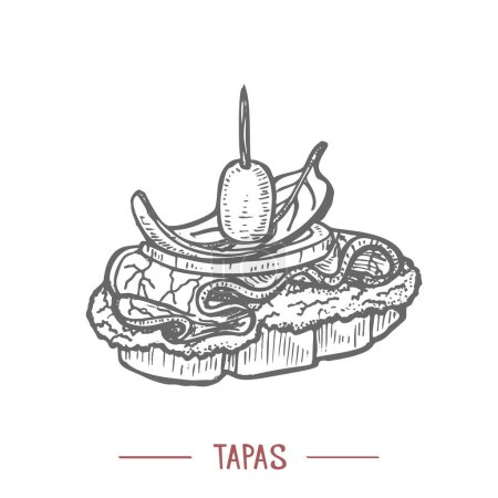 Téléchargez les photos : Des tapas. Nourriture traditionnelle espagnole à la main Style dessiné pour la conception de surface Brochures Bannières Impression Affiches Cartes Menu. Illustration vectorielle - en image libre de droit