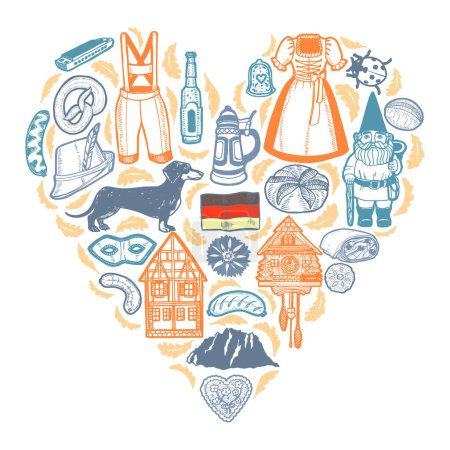 Téléchargez les photos : Symboles allemands Composition du coeur. Modèle de style dessiné à la main pour la conception de surface Bannières Impression de bannières Affiches Cartes. Illustration vectorielle - en image libre de droit