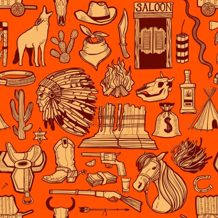Illustration for Wild West Pattern. Seamless Background in Hand Drawn Style for Surface Design Fliers Banners Prints Posters Cards. Vector Illustration - Royalty Free Image