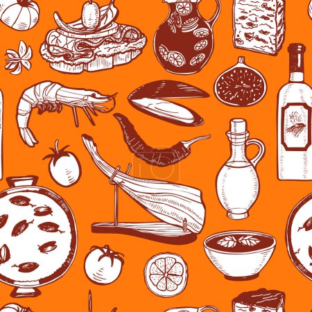 Illustration for Pattern with Spanish Food. Background in Hand Drawn Style for Surface Design Fliers Banners Prints Posters Cards. Illustration - Royalty Free Image