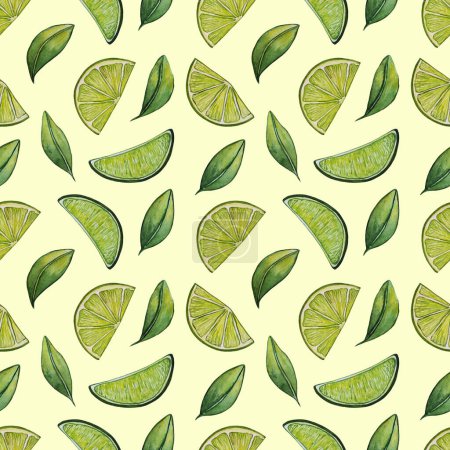Seamless pattern of hand drawn colorful slices of limes and leaves. Watercolor illustration.