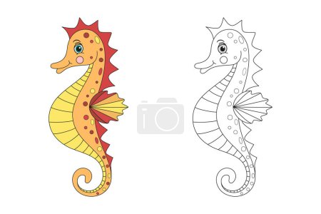 Illustration for Seahorse line and color illustration. Cartoon vector illustration for coloring book. - Royalty Free Image