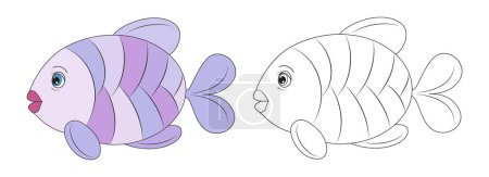 Illustration for Fish line and color illustration. Cartoon vector illustration for coloring book. - Royalty Free Image