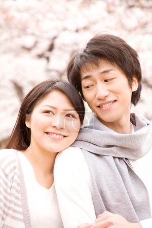 Photo for Portrait of happy young japanese couple spending time together in park during sakura blossom - Royalty Free Image