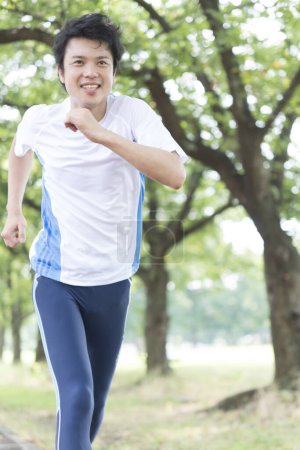 Photo for Sporty Japanese man jogging in summer park - Royalty Free Image